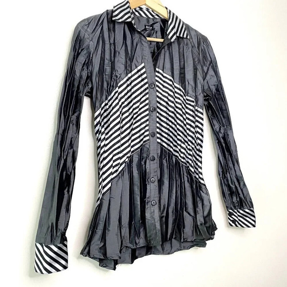 Beluva San Francisco Pleated Button Down Shirt Blouse Black White Striped XS - Picture 3 of 10